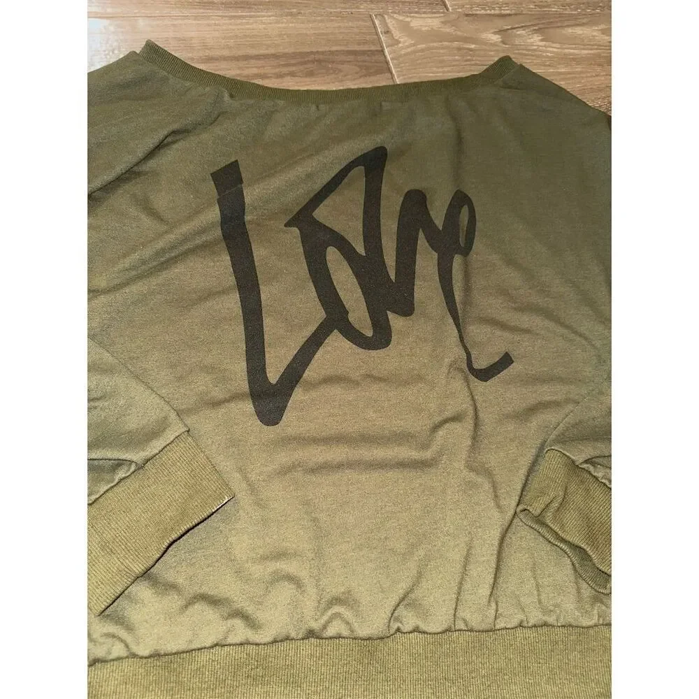 Nancy Rose Women's 2XL Off-Shoulder Love Sweatshirt olive green